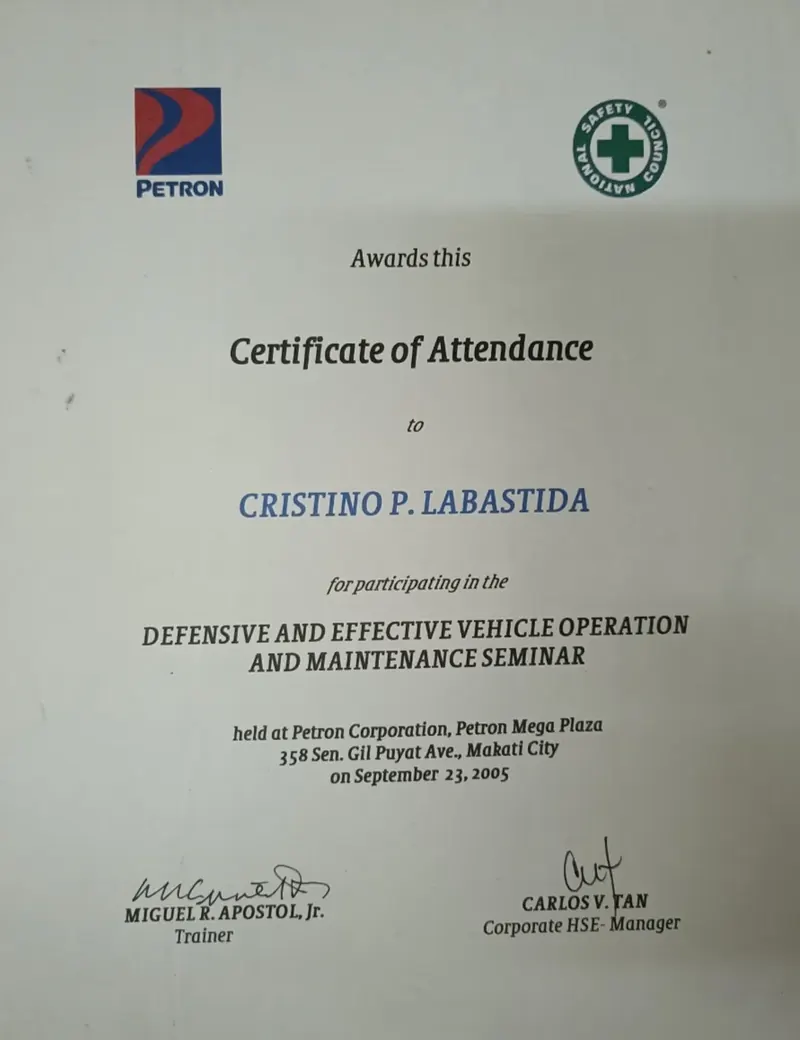 Certificate of attendance awarded to Cristino P. Labastida for a Petron and National Safety Council defensive driving seminar