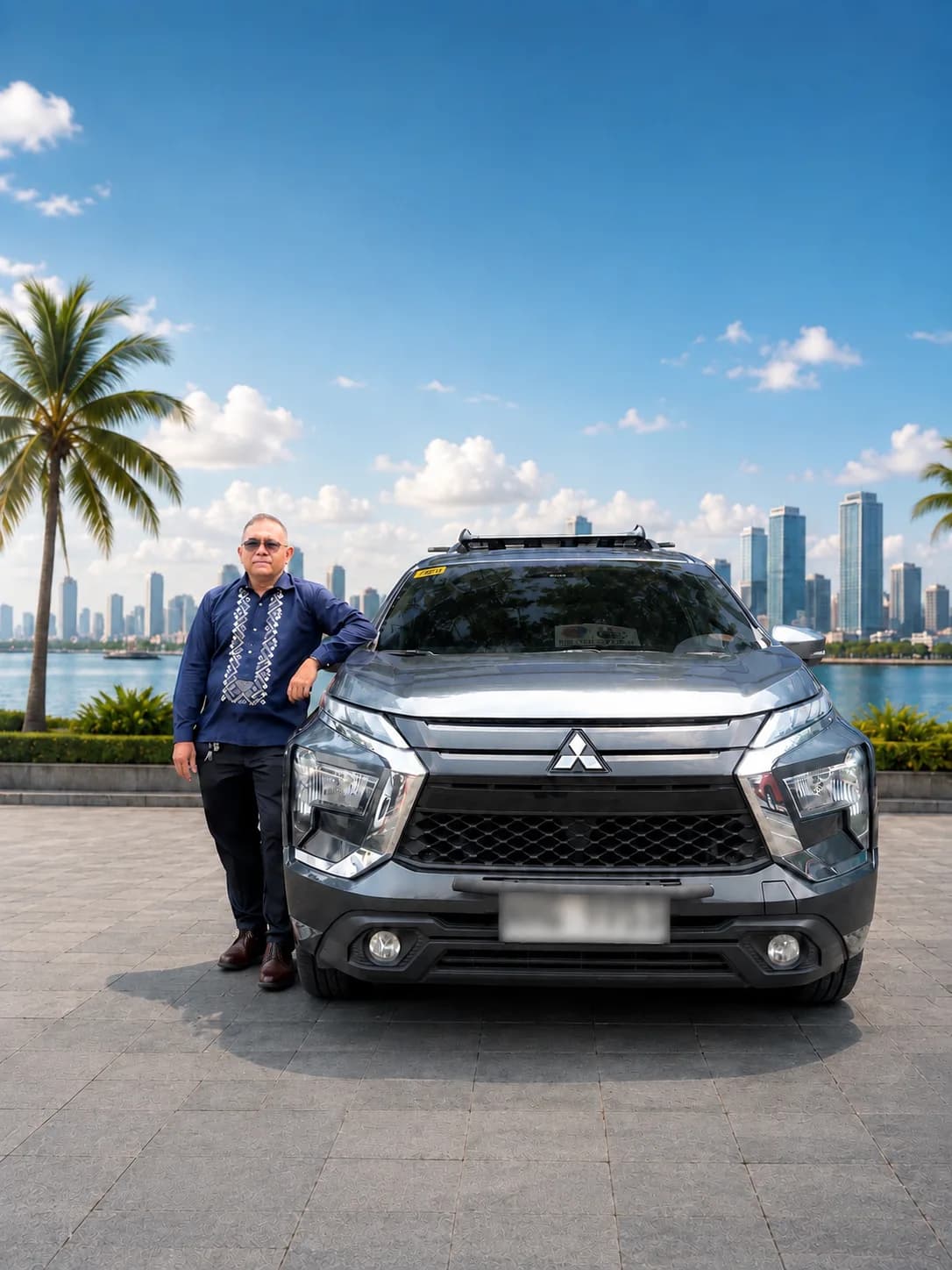 Cris Labastida in a blue barong, standing beside the graphite Mitsubishi Xpander along Manila Bay with the city skyline behind him
